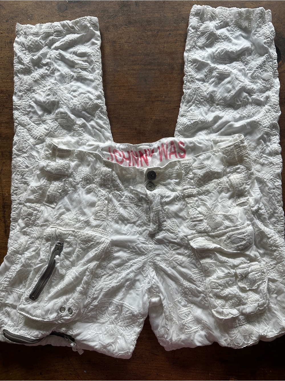 Johnny Was White Linen Lace Cargo Pants